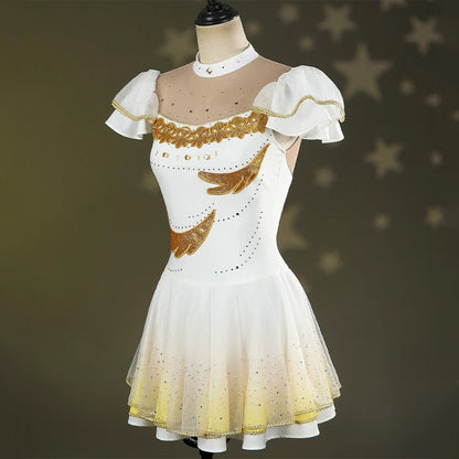 BoomCospay【XS-2XL】Anime Cosplay Rhinestone Figure Skating White Golden Dress Costume