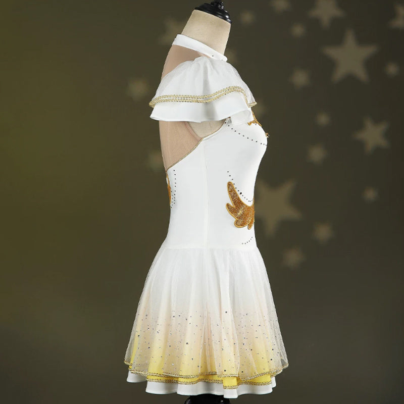 BoomCospay【XS-2XL】Anime Cosplay Rhinestone Figure Skating White Golden Dress Costume