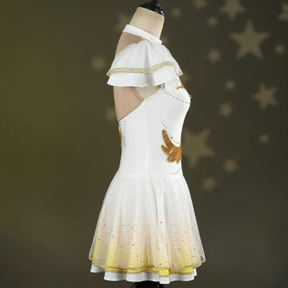 BoomCospay【XS-2XL】Anime Cosplay Rhinestone Figure Skating White Golden Dress Costume
