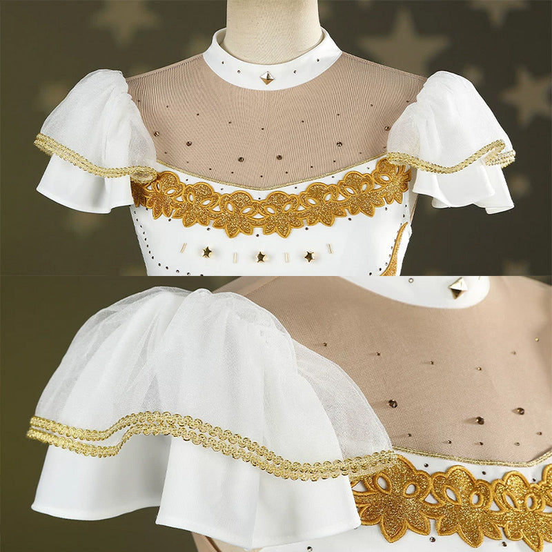 BoomCospay【XS-2XL】Anime Cosplay Rhinestone Figure Skating White Golden Dress Costume