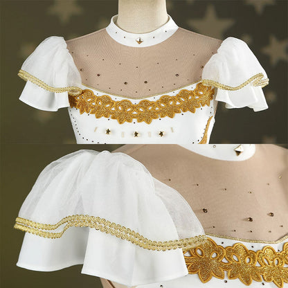 BoomCospay【XS-2XL】Anime Cosplay Rhinestone Figure Skating White Golden Dress Costume