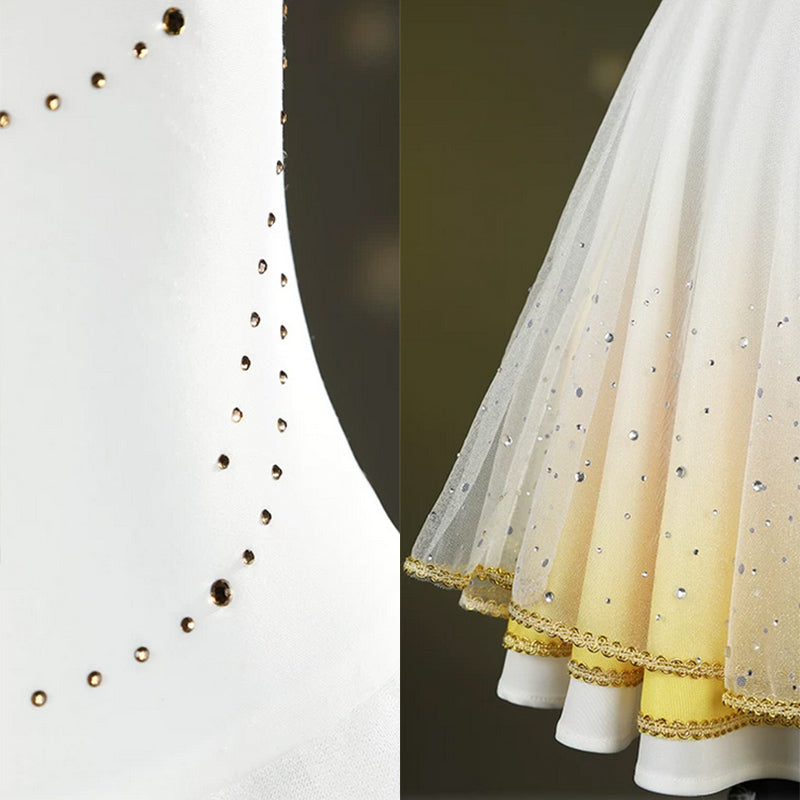 BoomCospay【XS-2XL】Anime Cosplay Rhinestone Figure Skating White Golden Dress Costume