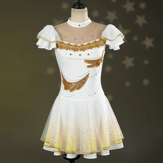BoomCospay【XS-2XL】Anime Cosplay Rhinestone Figure Skating White Golden Dress Costume